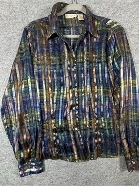 Caviar Metallic Plaid Button-Down Blouse — Multicolor